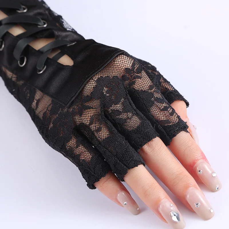 Fashion Girls Fingerless Fishnet Party Gothic Lolita Ribbon Mittens Women Sexy Lace Long Gloves Cosplay Elbow Half-finger Gloves