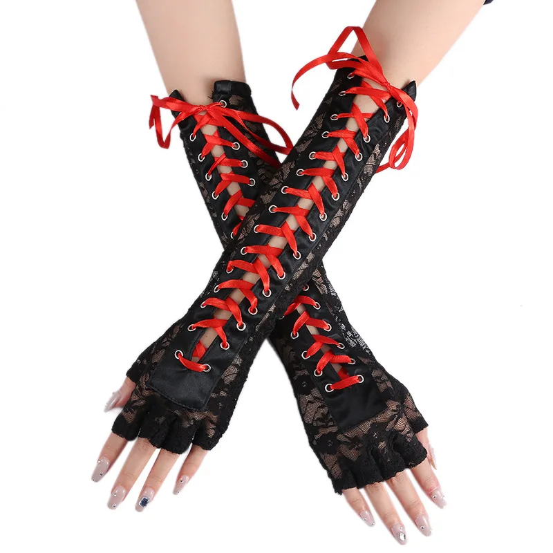 Fashion Girls Fingerless Fishnet Party Gothic Lolita Ribbon Mittens Women Sexy Lace Long Gloves Cosplay Elbow Half-finger Gloves
