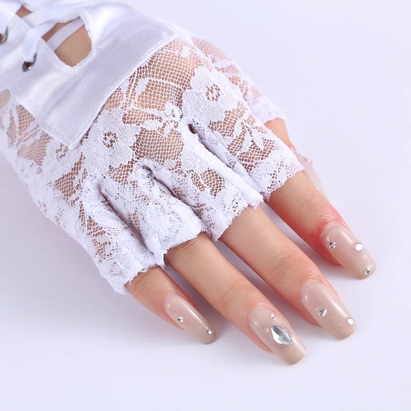 Fashion Girls Fingerless Fishnet Party Gothic Lolita Ribbon Mittens Women Sexy Lace Long Gloves Cosplay Elbow Half-finger Gloves