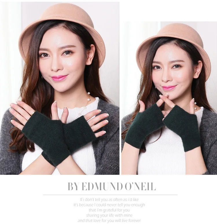 Mink Cashmere Autumn Winter Women Gloves Fingerless Warm Racoon Wool Mitten Wrist Length Thumb Hole Mitts Korean Female Lovely