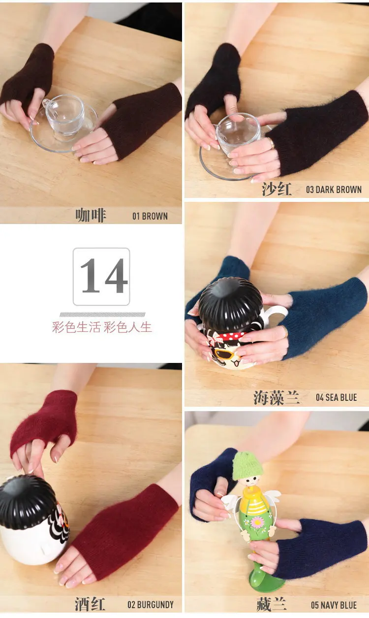 Mink Cashmere Autumn Winter Women Gloves Fingerless Warm Racoon Wool Mitten Wrist Length Thumb Hole Mitts Korean Female Lovely