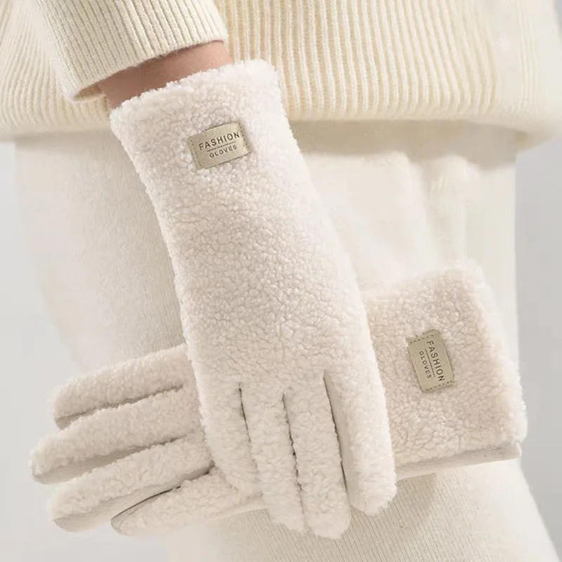 Imitation Teddy Hair Suede Women Winter Keep Warm Touch Screen Gloves Fashion Personality Add Velvet Thickened Soft