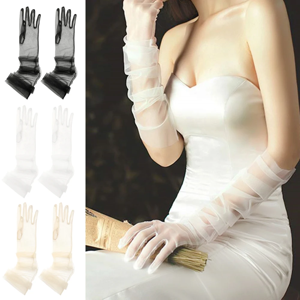 1Pair Women Vintage Tulle Gloves Ultra Thin Long Finger Wedding Bridal Gloves Bridal Gown Mittens Evening Prom Decor Party Dress
