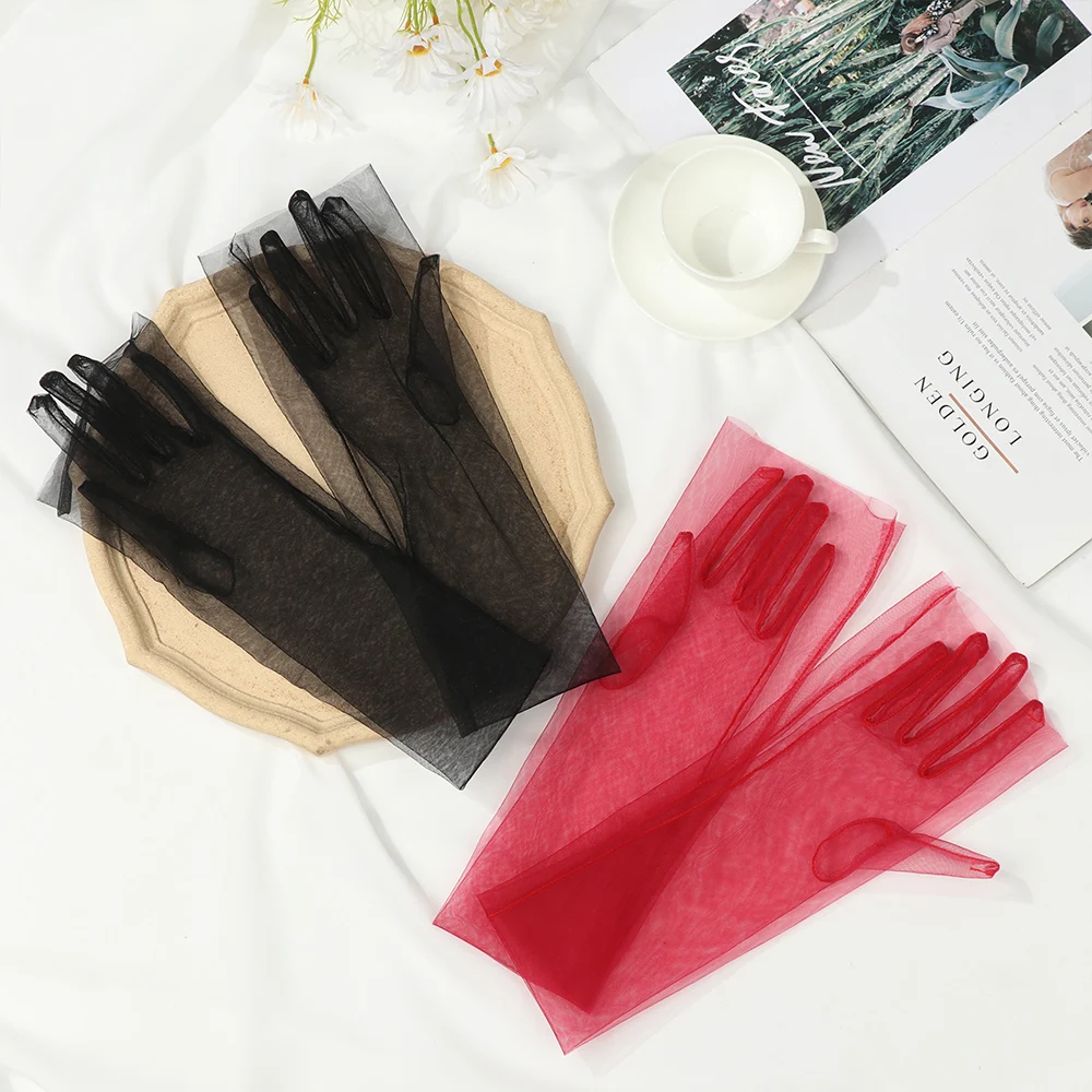 1Pair Women Vintage Tulle Gloves Ultra Thin Long Finger Wedding Bridal Gloves Bridal Gown Mittens Evening Prom Decor Party Dress