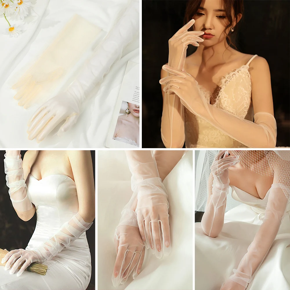 1Pair Women Vintage Tulle Gloves Ultra Thin Long Finger Wedding Bridal Gloves Bridal Gown Mittens Evening Prom Decor Party Dress
