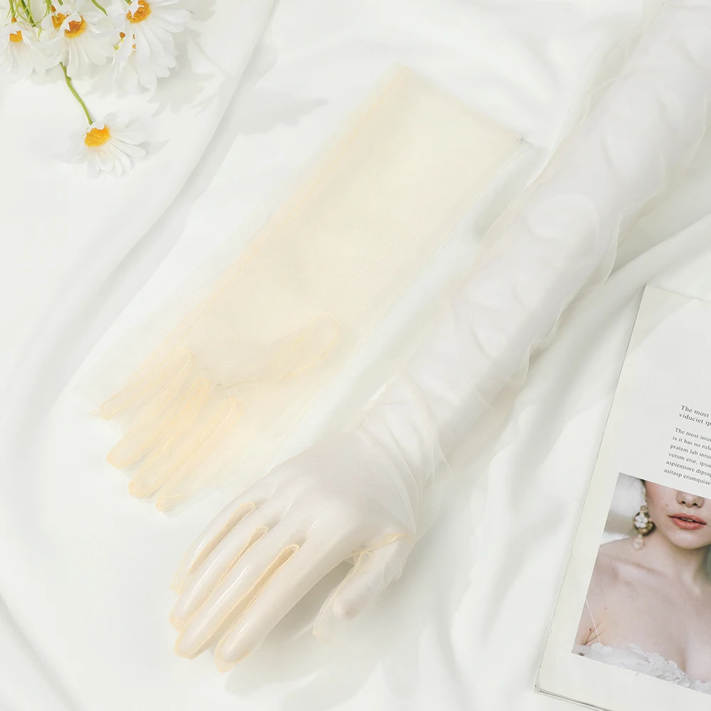 1Pair Women Vintage Tulle Gloves Ultra Thin Long Finger Wedding Bridal Gloves Bridal Gown Mittens Evening Prom Decor Party Dress