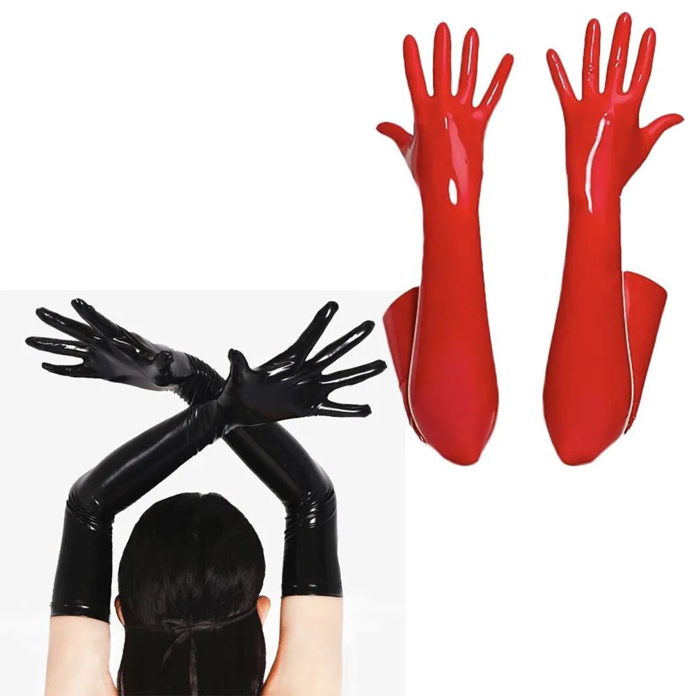 Women Men Wet Look Shiny Sexy Black Red PVC Long Gloves Club Performance Street Dance Costume Solid Ladies Fashion Opera Gloves