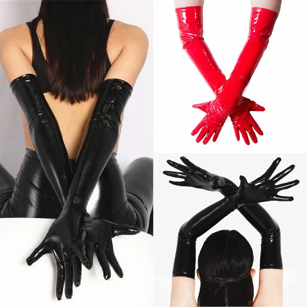 Women Men Wet Look Shiny Sexy Black Red PVC Long Gloves Club Performance Street Dance Costume Solid Ladies Fashion Opera Gloves