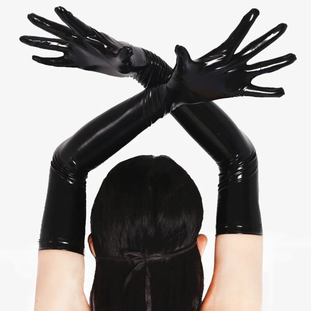 Women Men Wet Look Shiny Sexy Black Red PVC Long Gloves Club Performance Street Dance Costume Solid Ladies Fashion Opera Gloves