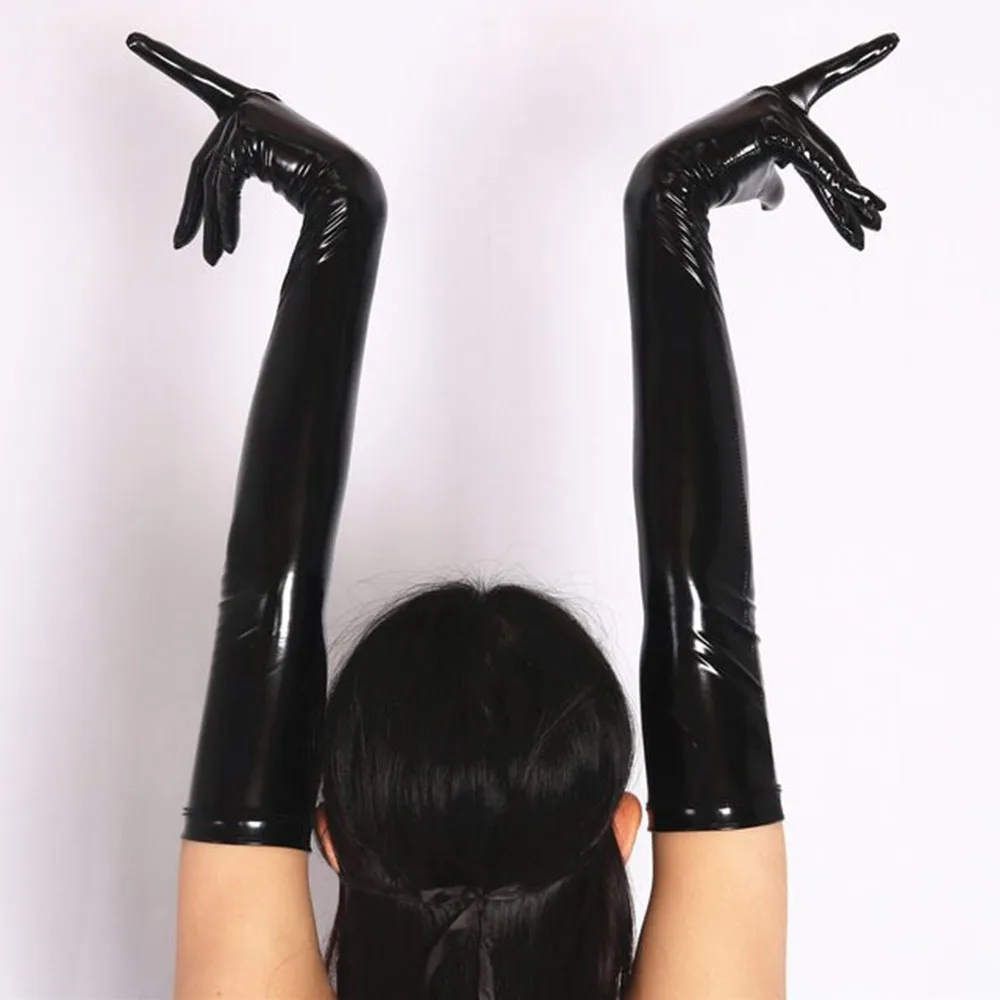 Women Men Wet Look Shiny Sexy Black Red PVC Long Gloves Club Performance Street Dance Costume Solid Ladies Fashion Opera Gloves