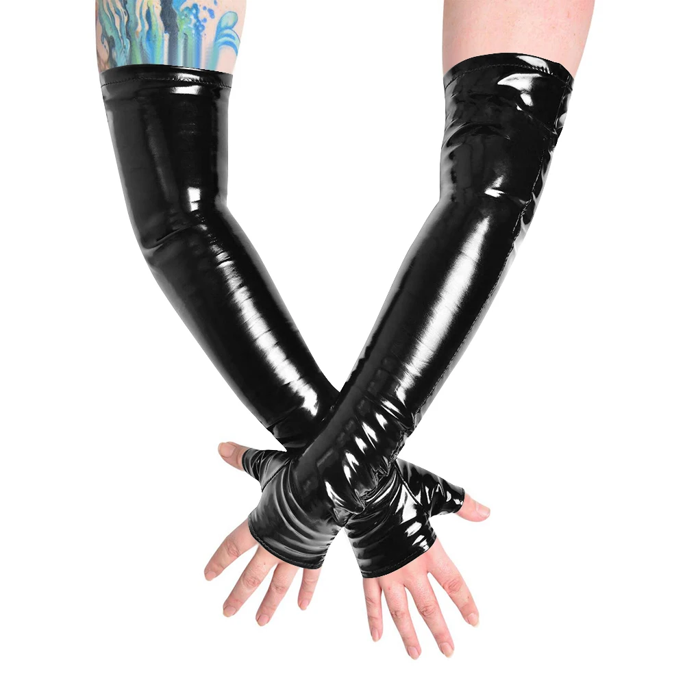 Unisex Long Gloves PVC Patent Leather Fingerless Half Finger Gloves Wristlet Evening Party Club Arm Warmer Cosplay Accessories