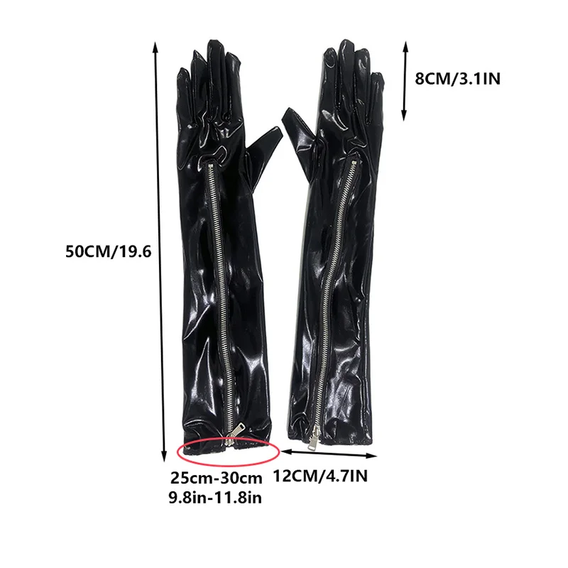 50cm Black Zipper Patent Leather Long Gloves Women Sexy Pole Dance Stage Performance Clubwear Party Halloween Cosplay Gloves