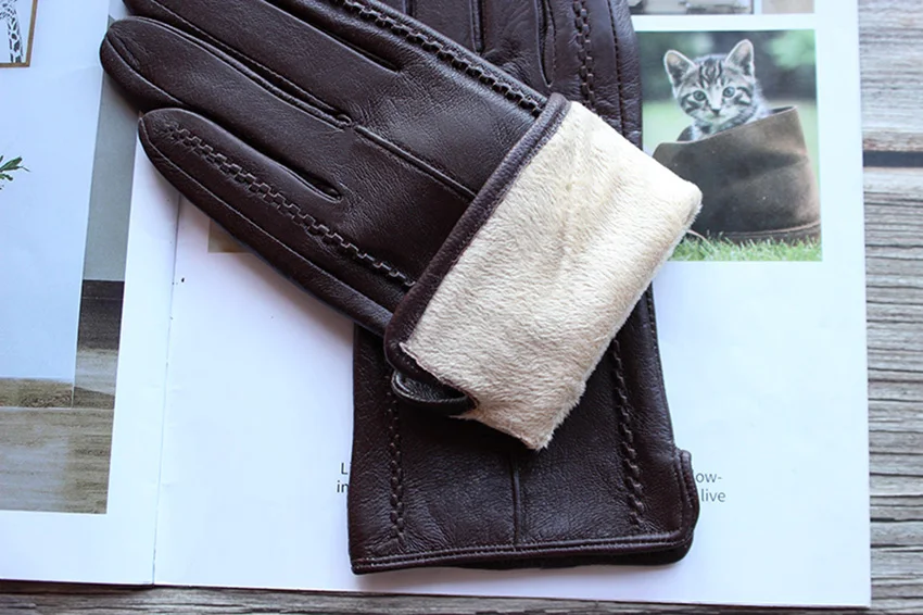 Women's Colored Leather Gloves Fashion Striped Style with Velvet Lining Warm Autumn Winter Sheepskin Finger Gloves