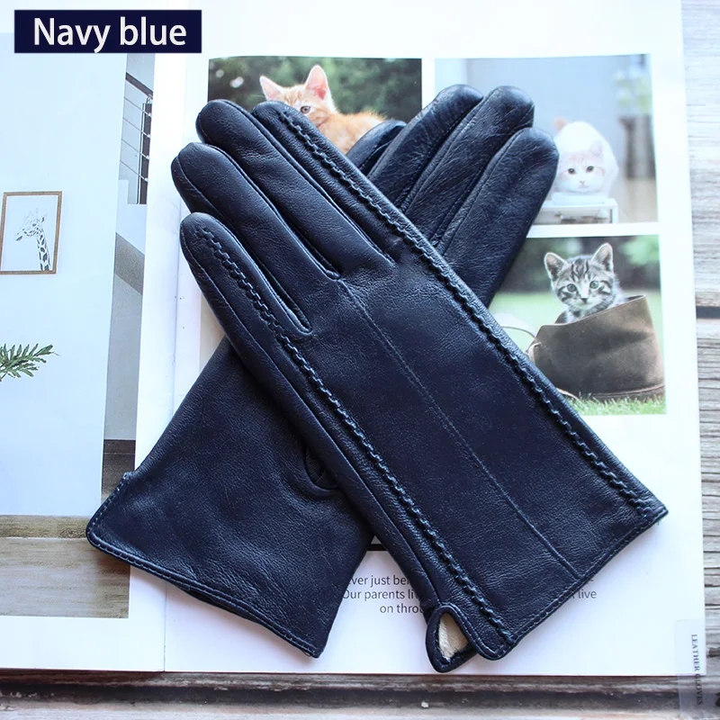 Women's Colored Leather Gloves Fashion Striped Style with Velvet Lining Warm Autumn Winter Sheepskin Finger Gloves