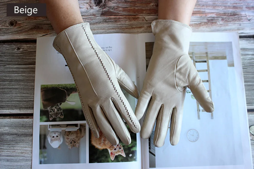 Women's Colored Leather Gloves Fashion Striped Style with Velvet Lining Warm Autumn Winter Sheepskin Finger Gloves