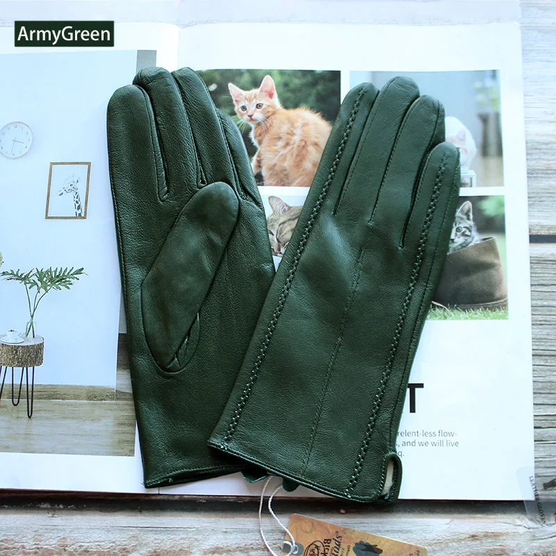 Women's Colored Leather Gloves Fashion Striped Style with Velvet Lining Warm Autumn Winter Sheepskin Finger Gloves