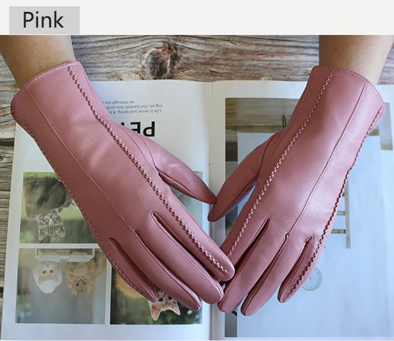 Women's Colored Leather Gloves Fashion Striped Style with Velvet Lining Warm Autumn Winter Sheepskin Finger Gloves