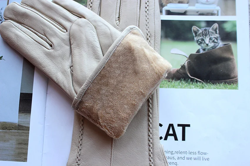 Women's Colored Leather Gloves Fashion Striped Style with Velvet Lining Warm Autumn Winter Sheepskin Finger Gloves