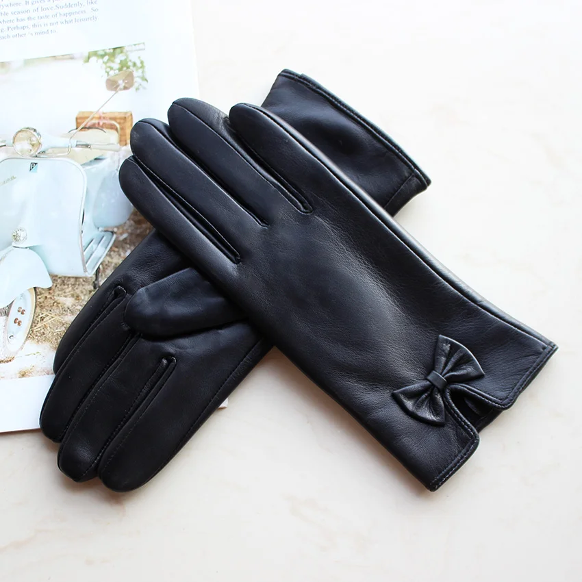 Women's Colored Leather Gloves Fashion Striped Style with Velvet Lining Warm Autumn Winter Sheepskin Finger Gloves