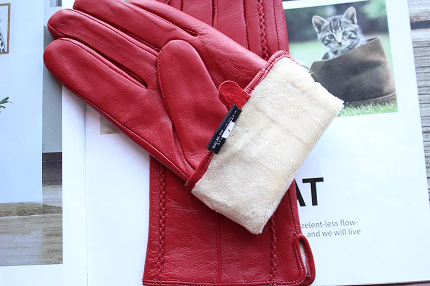 Women's Colored Leather Gloves Fashion Striped Style with Velvet Lining Warm Autumn Winter Sheepskin Finger Gloves
