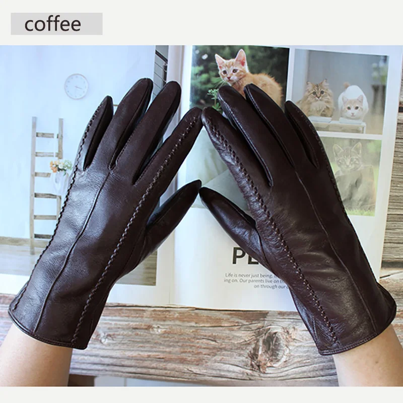 Women's Colored Leather Gloves Fashion Striped Style with Velvet Lining Warm Autumn Winter Sheepskin Finger Gloves