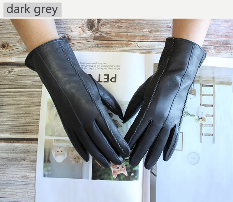 Women's Colored Leather Gloves Fashion Striped Style with Velvet Lining Warm Autumn Winter Sheepskin Finger Gloves