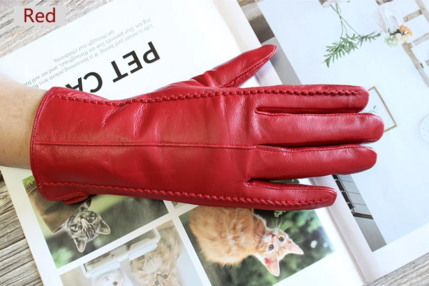 Women's Colored Leather Gloves Fashion Striped Style with Velvet Lining Warm Autumn Winter Sheepskin Finger Gloves