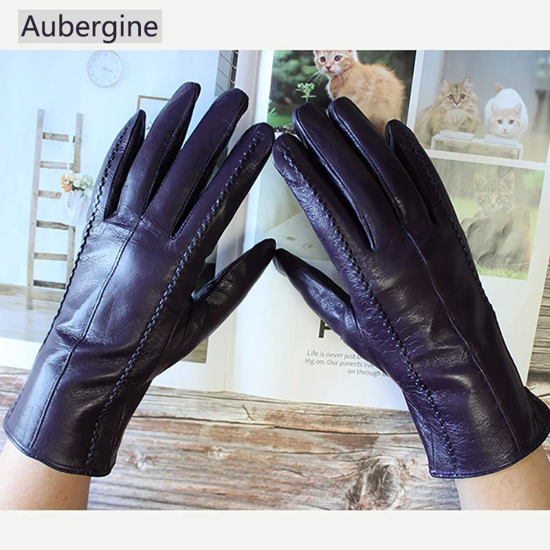 Women's Colored Leather Gloves Fashion Striped Style with Velvet Lining Warm Autumn Winter Sheepskin Finger Gloves