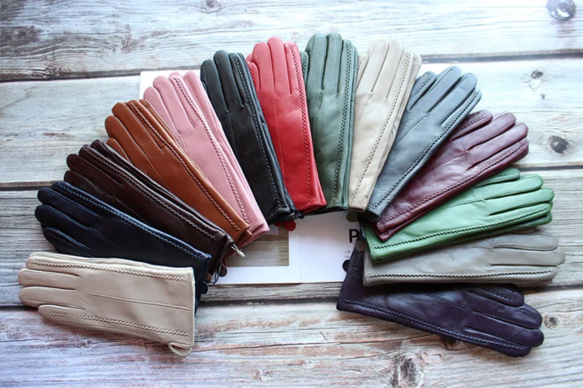 Women's Colored Leather Gloves Fashion Striped Style with Velvet Lining Warm Autumn Winter Sheepskin Finger Gloves