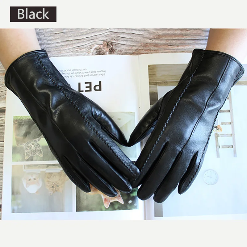Women's Colored Leather Gloves Fashion Striped Style with Velvet Lining Warm Autumn Winter Sheepskin Finger Gloves