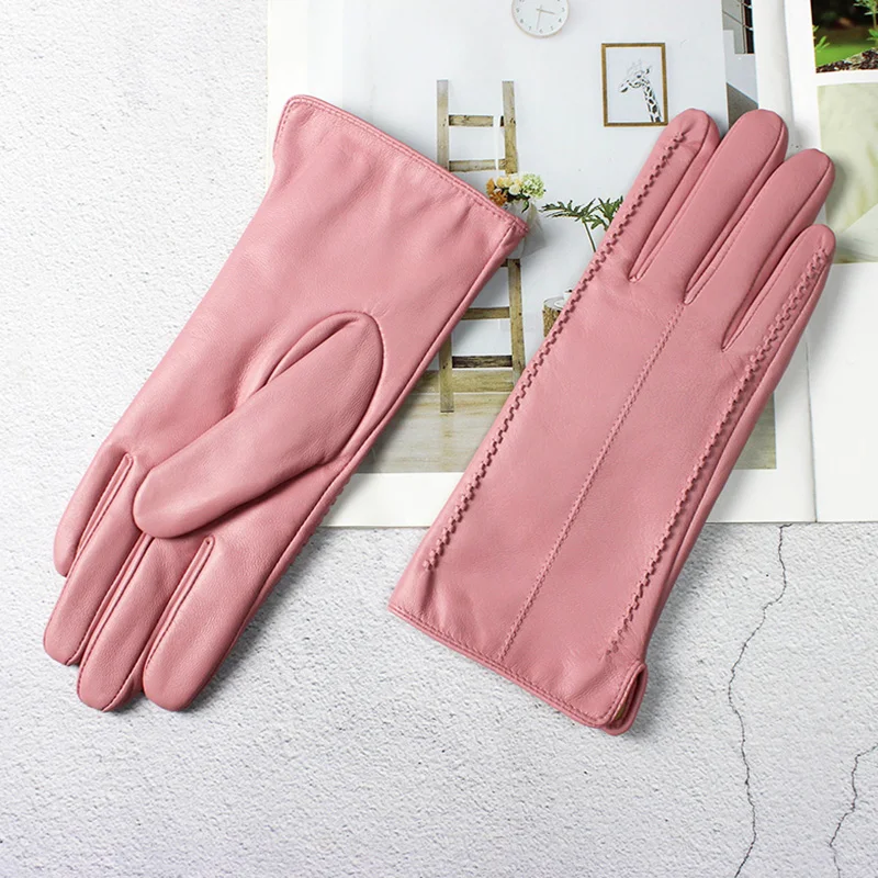 Women's Colored Leather Gloves Fashion Striped Style with Velvet Lining Warm Autumn Winter Sheepskin Finger Gloves