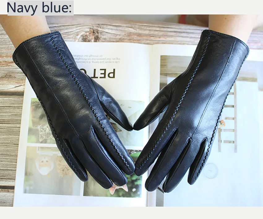 Women's Colored Leather Gloves Fashion Striped Style with Velvet Lining Warm Autumn Winter Sheepskin Finger Gloves