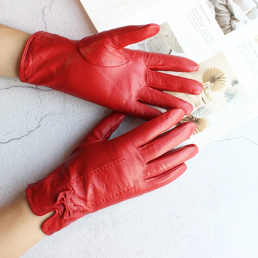 Women's Colored Leather Gloves Fashion Striped Style with Velvet Lining Warm Autumn Winter Sheepskin Finger Gloves