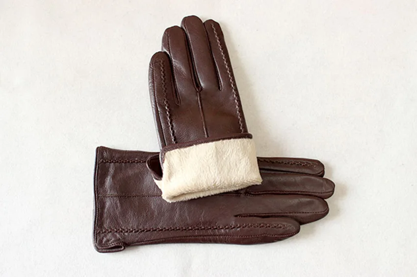 Women's Colored Leather Gloves Fashion Striped Style with Velvet Lining Warm Autumn Winter Sheepskin Finger Gloves
