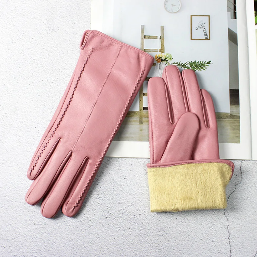 Women's Colored Leather Gloves Fashion Striped Style with Velvet Lining Warm Autumn Winter Sheepskin Finger Gloves