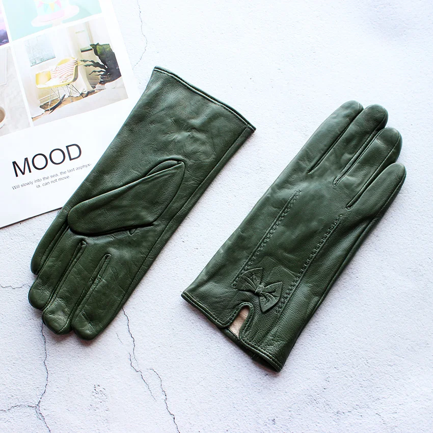 Women's Colored Leather Gloves Fashion Striped Style with Velvet Lining Warm Autumn Winter Sheepskin Finger Gloves