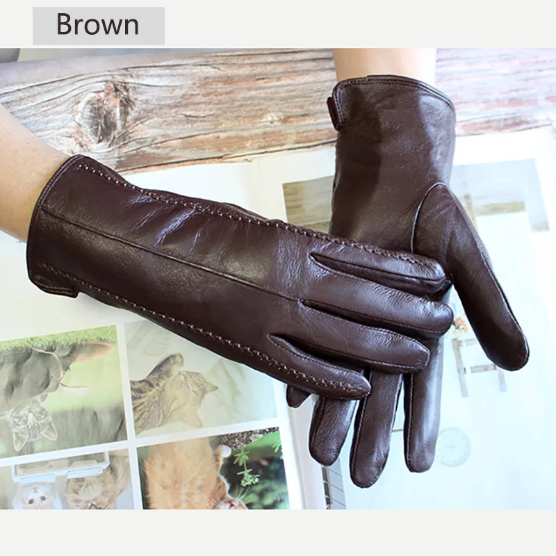 Women's Colored Leather Gloves Fashion Striped Style with Velvet Lining Warm Autumn Winter Sheepskin Finger Gloves