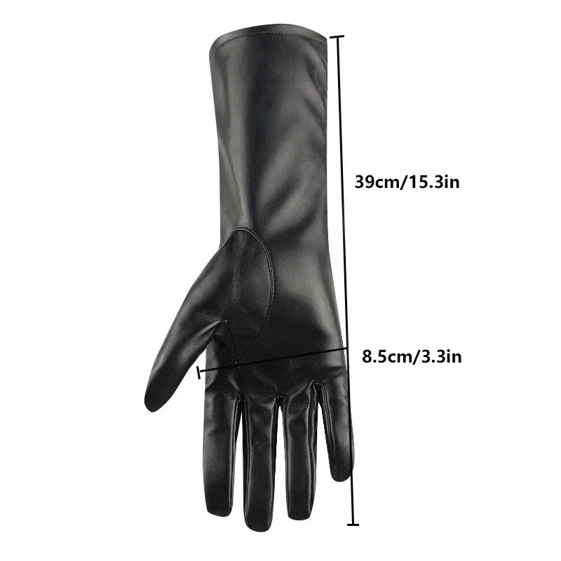 Women 39cm Long Black PU Leather Gloves Cosplay Stage Performance Fashion Winter Keep Warm Velvet Lining Windproof Mittens