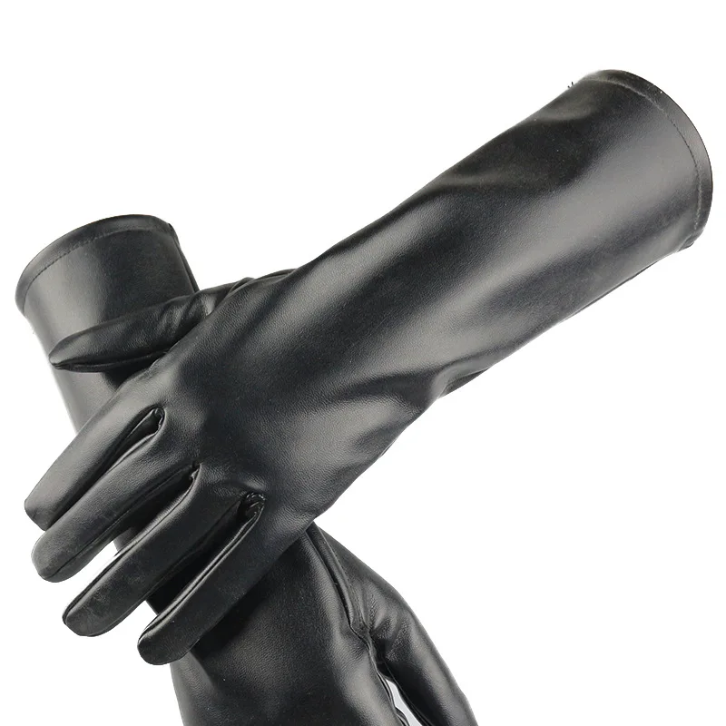 Women 39cm Long Black PU Leather Gloves Cosplay Stage Performance Fashion Winter Keep Warm Velvet Lining Windproof Mittens