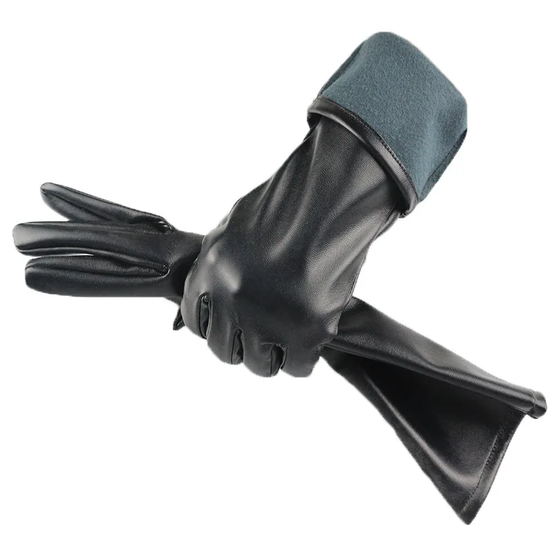 Women 39cm Long Black PU Leather Gloves Cosplay Stage Performance Fashion Winter Keep Warm Velvet Lining Windproof Mittens
