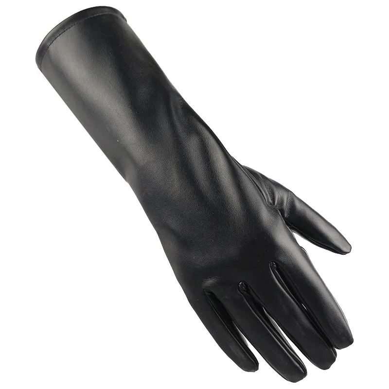 Women 39cm Long Black PU Leather Gloves Cosplay Stage Performance Fashion Winter Keep Warm Velvet Lining Windproof Mittens