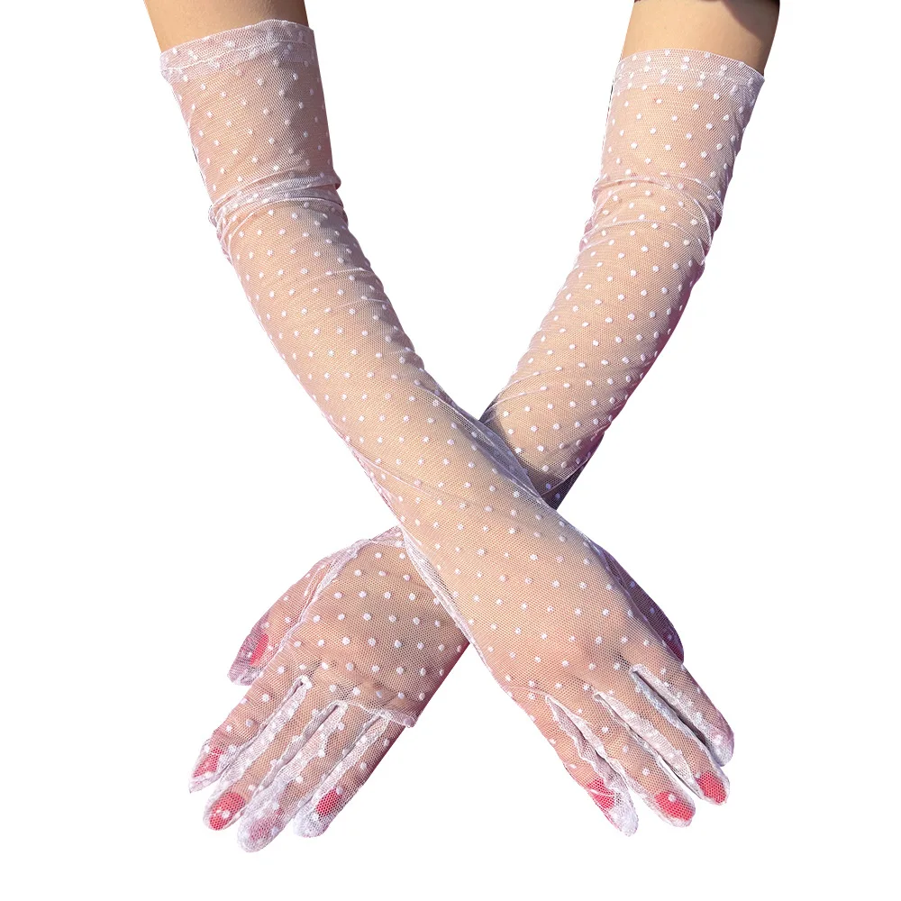 Women Sexy Black White Dot Lace Long Tulle Gloves Bride Wedding Elegant Retro Fashion Transparent Full Finger Thin Mesh Gloves