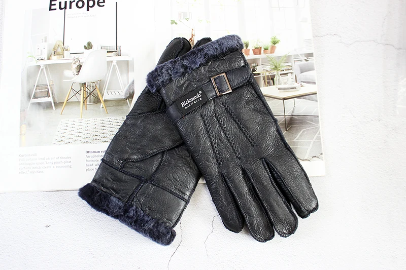 Sheepskin Fur Gloves Men's Thick Winter Warm Large Size Outdoor Windproof Cold Hand Stitching Sewn Leather Finger Gloves