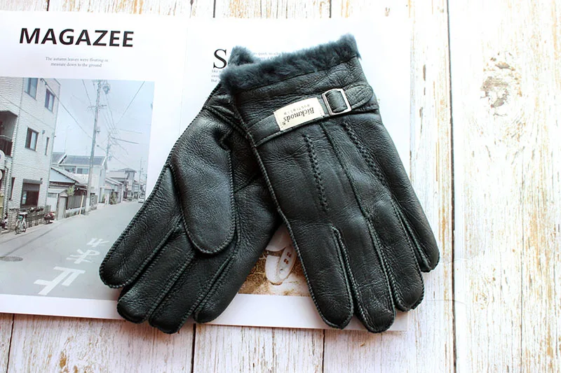 Sheepskin Fur Gloves Men's Thick Winter Warm Large Size Outdoor Windproof Cold Hand Stitching Sewn Leather Finger Gloves