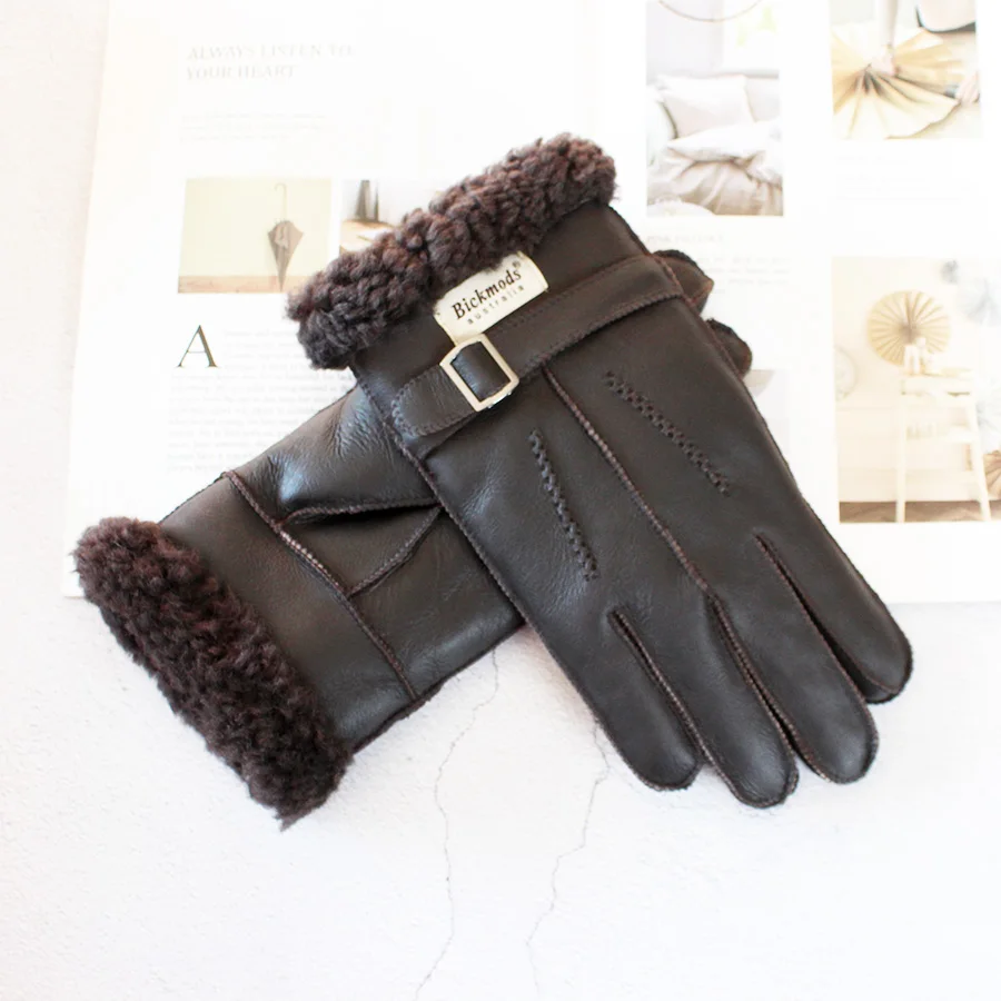 Sheepskin Fur Gloves Men's Thick Winter Warm Large Size Outdoor Windproof Cold Hand Stitching Sewn Leather Finger Gloves
