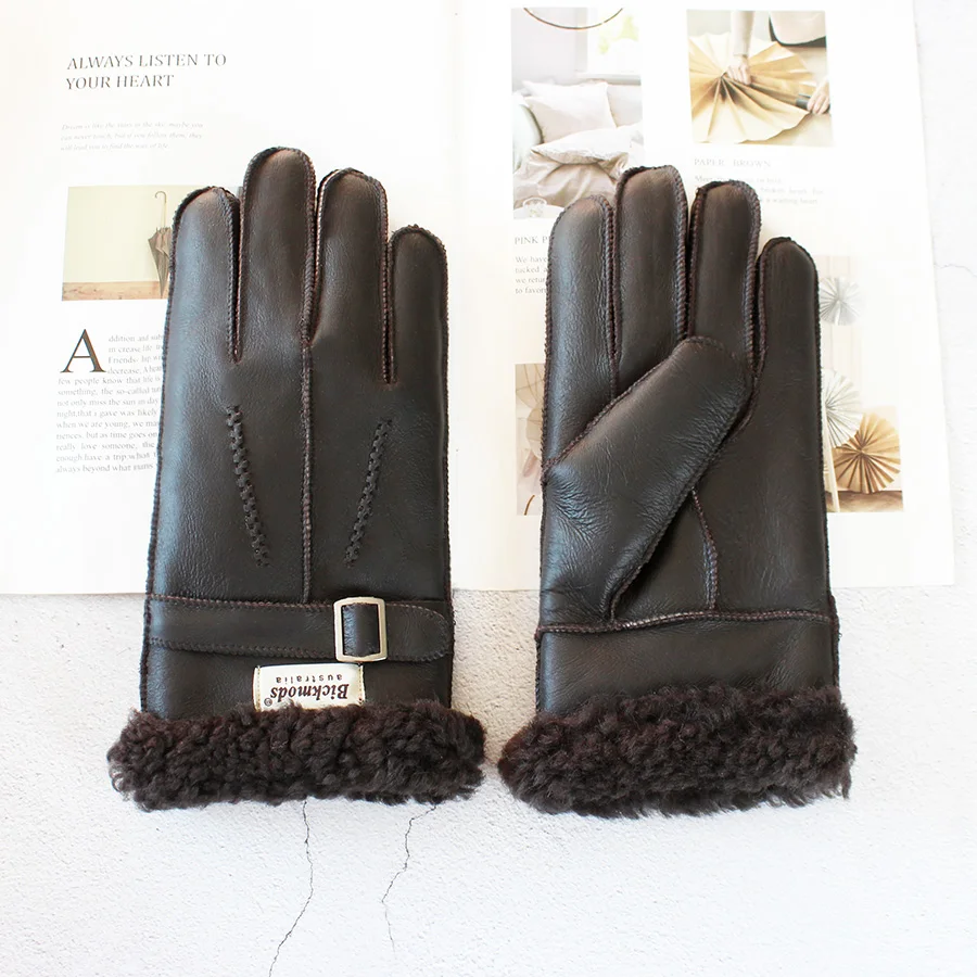 Sheepskin Fur Gloves Men's Thick Winter Warm Large Size Outdoor Windproof Cold Hand Stitching Sewn Leather Finger Gloves