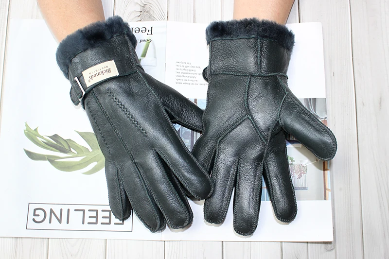 Sheepskin Fur Gloves Men's Thick Winter Warm Large Size Outdoor Windproof Cold Hand Stitching Sewn Leather Finger Gloves