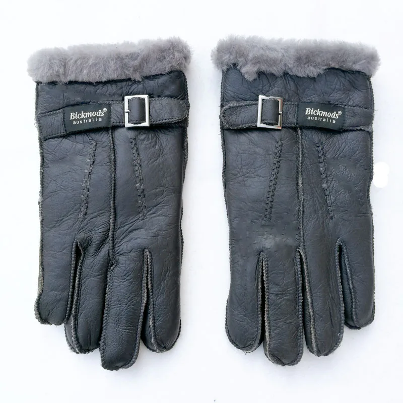 Sheepskin Fur Gloves Men's Thick Winter Warm Large Size Outdoor Windproof Cold Hand Stitching Sewn Leather Finger Gloves