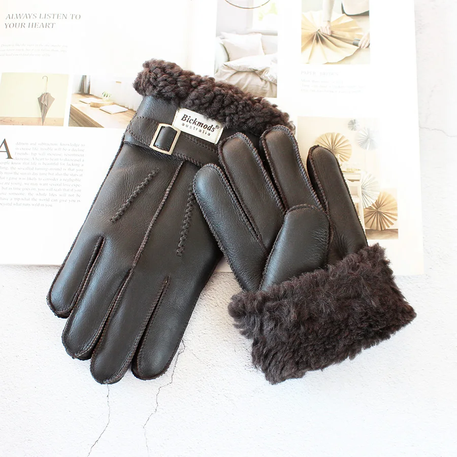 Sheepskin Fur Gloves Men's Thick Winter Warm Large Size Outdoor Windproof Cold Hand Stitching Sewn Leather Finger Gloves