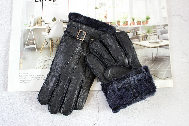 Sheepskin Fur Gloves Men's Thick Winter Warm Large Size Outdoor Windproof Cold Hand Stitching Sewn Leather Finger Gloves